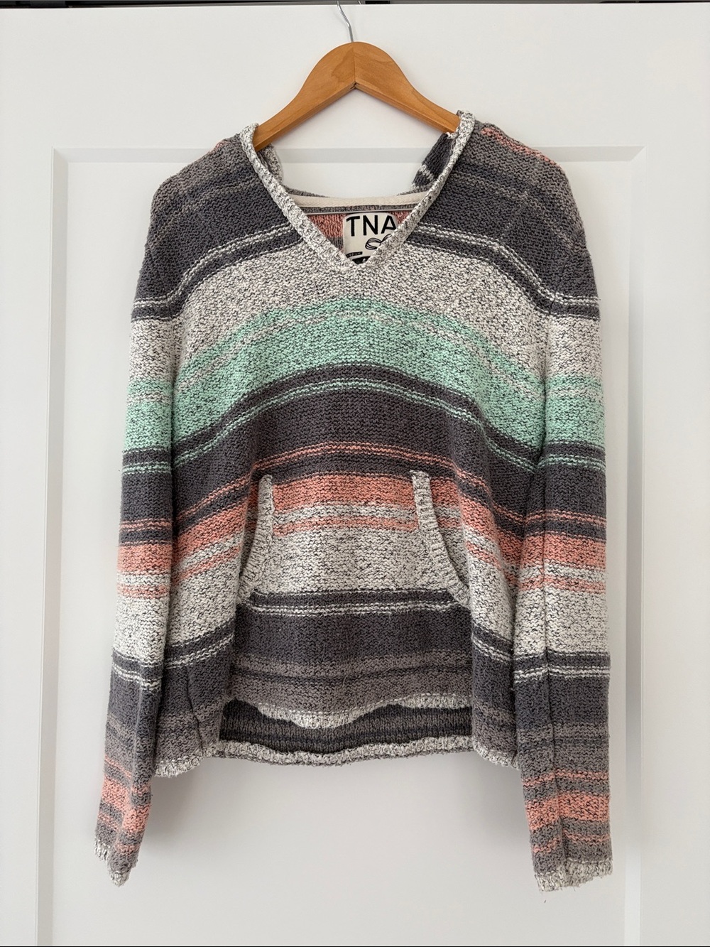 TNA Striped V-Neck Sweater Hoodie in Gray, Mint & Coral